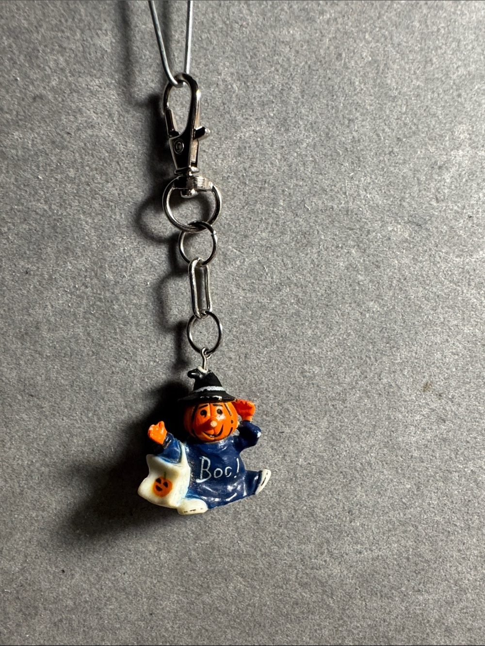 Hand Crafted Orange Pumpkin Witch Keychain Charm with Blue Outfit